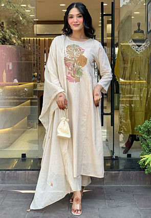 Embroidered Rayon Slub A Line Suit in Off White