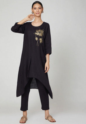 Embroidered Rayon Slub Kurta with Pant in Black