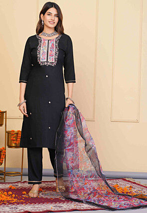 Embroidered Rayon Slub Pakistani Suit in Black