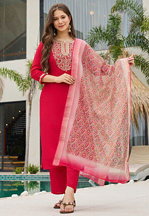 Embroidered Rayon Slub Pakistani Suit in Fuchsia