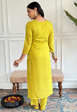 Embroidered Rayon Slub Pakistani Suit in Light Green