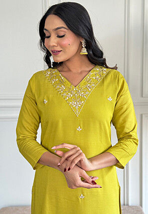 Embroidered Rayon Slub Pakistani Suit in Light Green