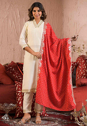 Embroidered Rayon Slub Pakistani Suit in Off White