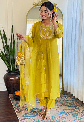 Embroidered Rayon Slub Pakistani Suit in Olive Green