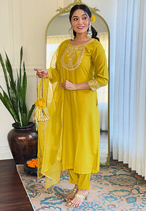 Embroidered Rayon Slub Pakistani Suit in Olive Green