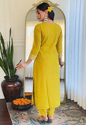 Embroidered Rayon Slub Pakistani Suit in Olive Green