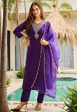 Embroidered Rayon Slub Pakistani Suit in Purple