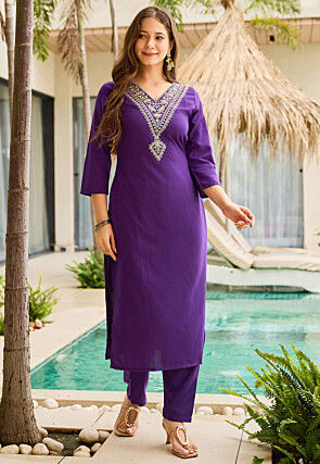 Embroidered Rayon Slub Pakistani Suit in Purple
