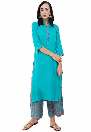 Embroidered Rayon Slub Pakistani Suit in Turquoise