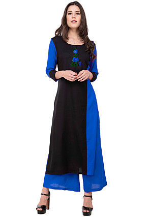 Embroidered Rayon Straight Kurta in Black and Royal Blue