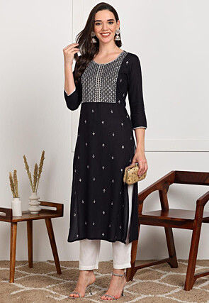 Embroidered Rayon Straight Kurta in Black