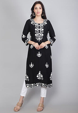 Embroidered Rayon Straight Kurta in Black