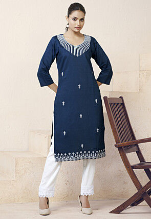 Embroidered Rayon Straight Kurta in Blue