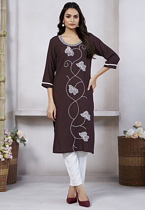 Embroidered Rayon Straight Kurta in Brown
