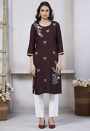 Embroidered Rayon Straight Kurta in Brown