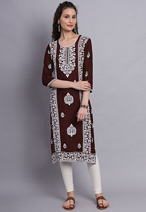 Embroidered Rayon Straight Kurta in Brown