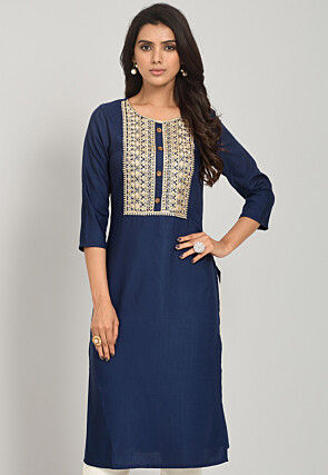 Embroidered Rayon Straight Kurta in Navy Blue