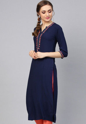 Embroidered Rayon Straight Kurta in Navy Blue