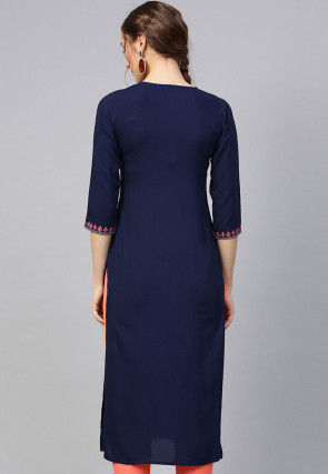 Embroidered Rayon Straight Kurta in Navy Blue