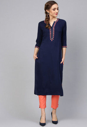 Embroidered Rayon Straight Kurta in Navy Blue