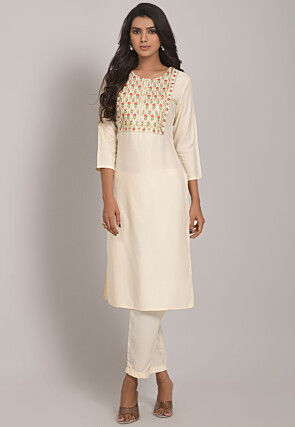 Embroidered Rayon Straight Kurta in Off White