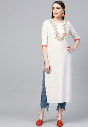 Embroidered Rayon Straight Kurta in Off White