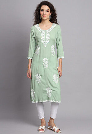Embroidered Rayon Straight Kurta in Pastel Green