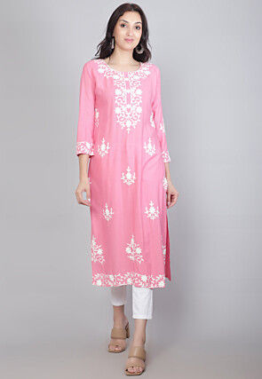Embroidered Rayon Straight Kurta in Pink