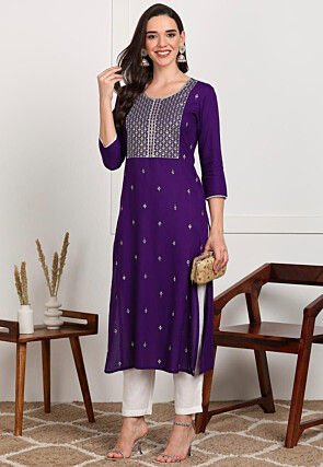 Embroidered Rayon Straight Kurta in Purple