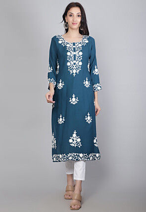 Embroidered Rayon Straight Kurta in Teal Blue