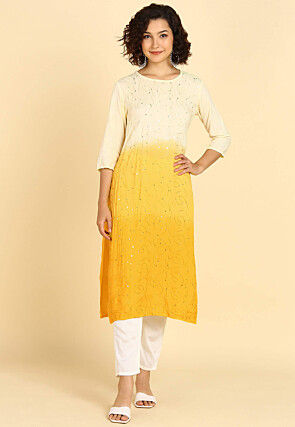 Embroidered Rayon Straight Kurta in Yellow Ombre