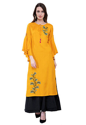 Embroidered Rayon Straight Kurta in Yellow