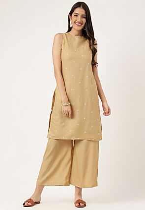 Embroidered Rayon Straight Kurta Set in Beige