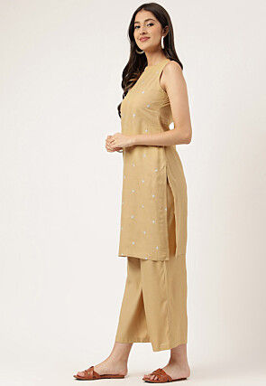 Embroidered Rayon Straight Kurta Set in Beige