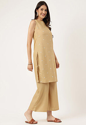 Embroidered Rayon Straight Kurta Set in Beige