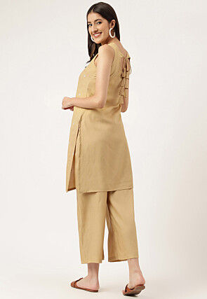 Embroidered Rayon Straight Kurta Set in Beige