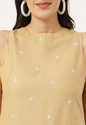 Embroidered Rayon Straight Kurta Set in Beige