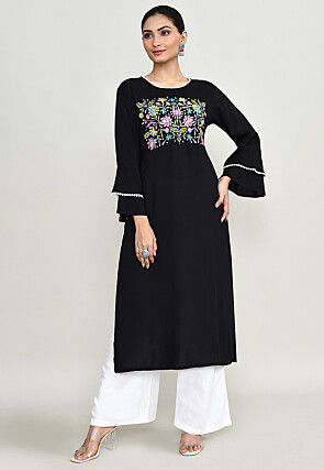 Embroidered Rayon Straight Kurta Set in Black