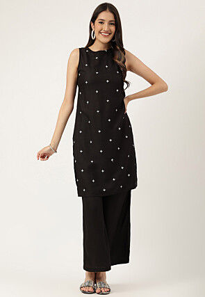 Embroidered Rayon Straight Kurta Set in Black