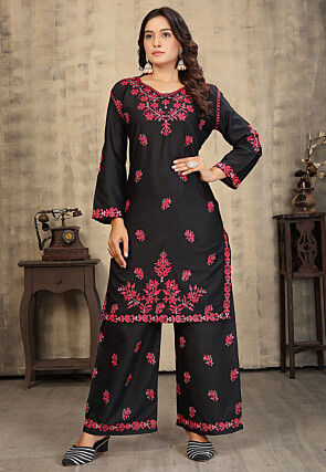 Embroidered Rayon Straight Kurta Set in Black