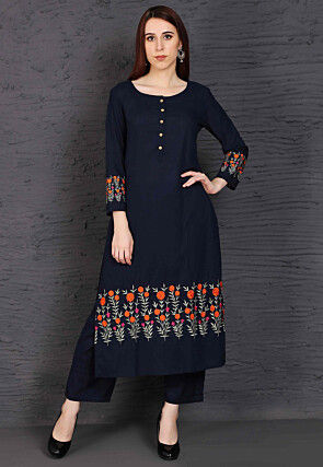 Embroidered Rayon Straight Kurta Set in Blue