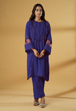 Embroidered Rayon Straight Kurta Set in Blue