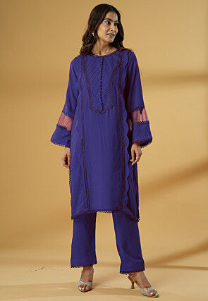 Embroidered Rayon Straight Kurta Set in Blue