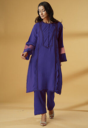 Embroidered Rayon Straight Kurta Set in Blue