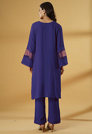Embroidered Rayon Straight Kurta Set in Blue