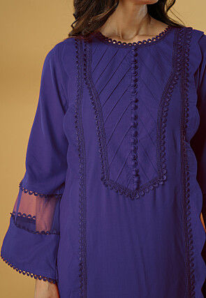 Embroidered Rayon Straight Kurta Set in Blue