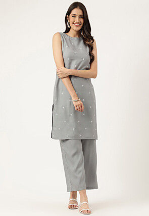 Embroidered Rayon Straight Kurta Set in Grey