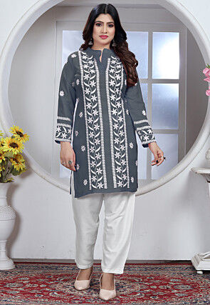 Embroidered Rayon Straight Kurta Set in Grey