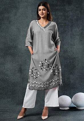 Embroidered Rayon Straight Kurta Set in Grey