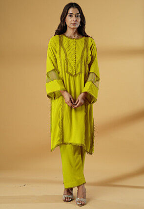 Embroidered Rayon Straight Kurta Set in Light Green